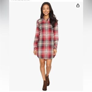Women's Kavu Jurnee Flannel Plaid Button Up Dress Medium Red‎ cream brown.